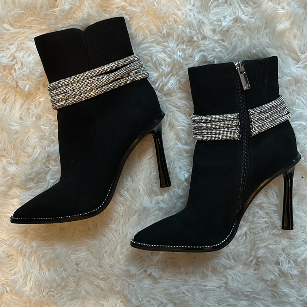 JLo black suede and rhinestone high heel booties